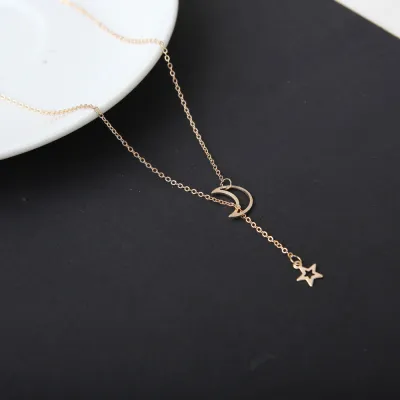Simple Crescent Moon Star Pendant Alloy Necklace 56+5cm