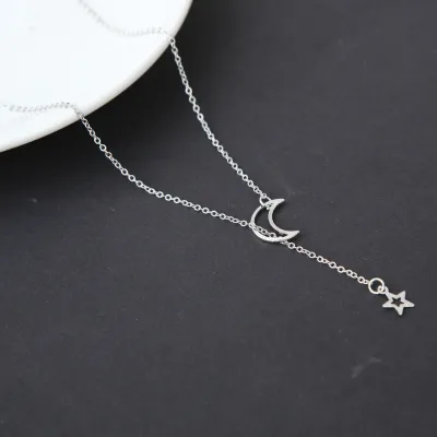 Simple Crescent Moon Star Pendant Alloy Necklace 56+5cm
