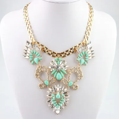 Flower Design Rhinestone Decor Metal Chain Women Statement Necklace