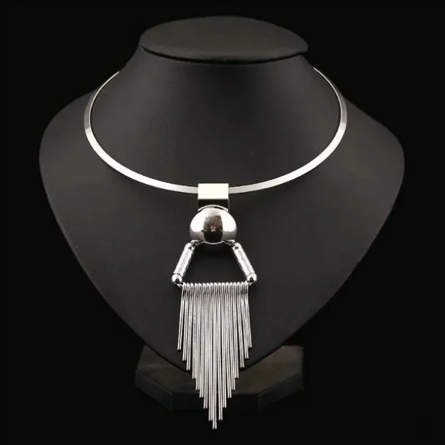 Geometric Circle Tassel Pendant Statement Necklace for Women Alloy Ball Chain