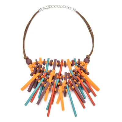 Bohemian Wood Geometric Beaded Statement Necklace