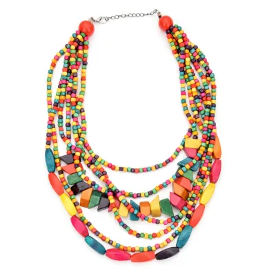 Bohemian Wood Geometric Beaded Statement Necklace