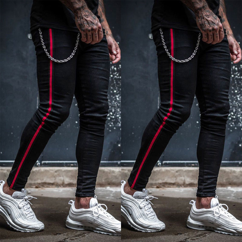 Wholesale S-3XL Men Side Red Stripe Print Pencil Jeans