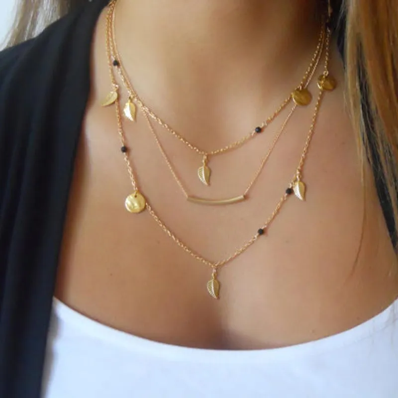 Leaves Sequin Pendant Decor Women Multilayer Necklace