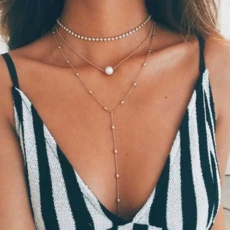 Crystal Pearl Decor Women Multilayer Necklace