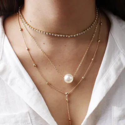 Crystal Pearl Decor Women Multilayer Necklace