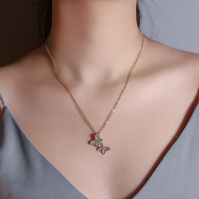 Simple Rhinestone Butterfly Pendant Necklace Alloy Nature Cross Chain