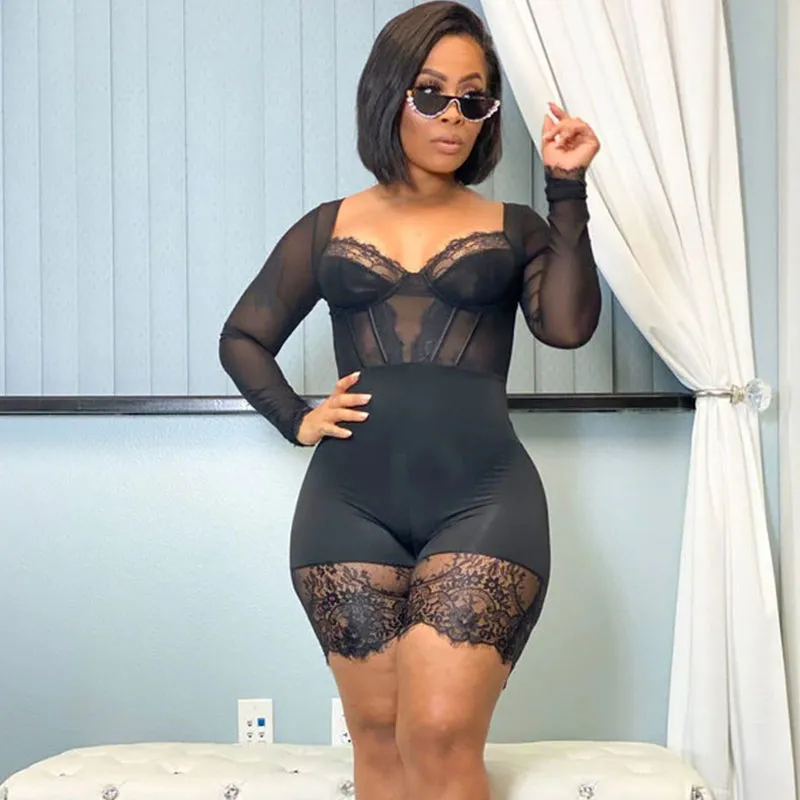 S-2XL Sexy Lace Patchwork Women Long Sleeve Bodycon Rompers