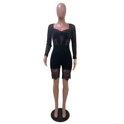 S-2XL Sexy Lace Patchwork Women Long Sleeve Bodycon Rompers
