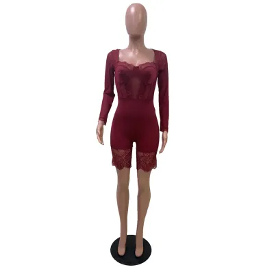 S-2XL Sexy Lace Patchwork Women Long Sleeve Bodycon Rompers