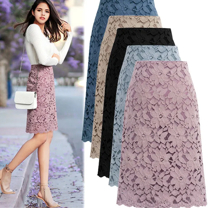S-6XL Plus Size Elegant Women Lace Mesh Decor Bodycon A-Line Skirts