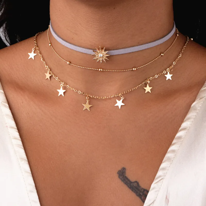 Trendy Crystal Star Decor Three-layer Snake Chain Necklace Women's Alloy