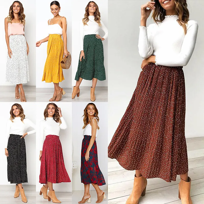 S-XL Polka Dot Print Women Elastic Waist Pleated A-Line Skirt