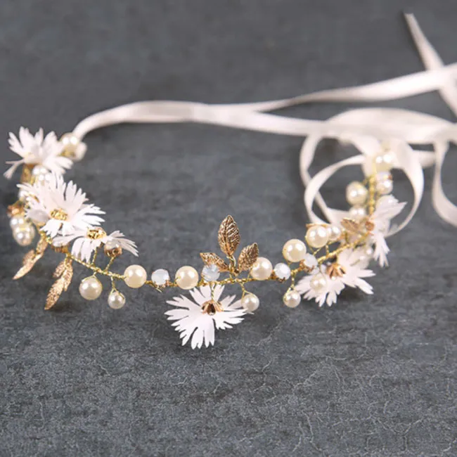 Gold Leaf Daisy Flower Headband Bridal Hair Jewelry