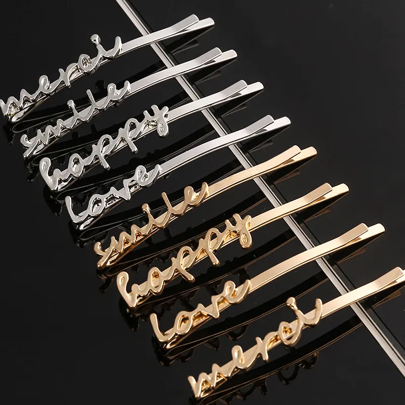 Metal Letter Decor 9K Gold Simple Women Hair Clip