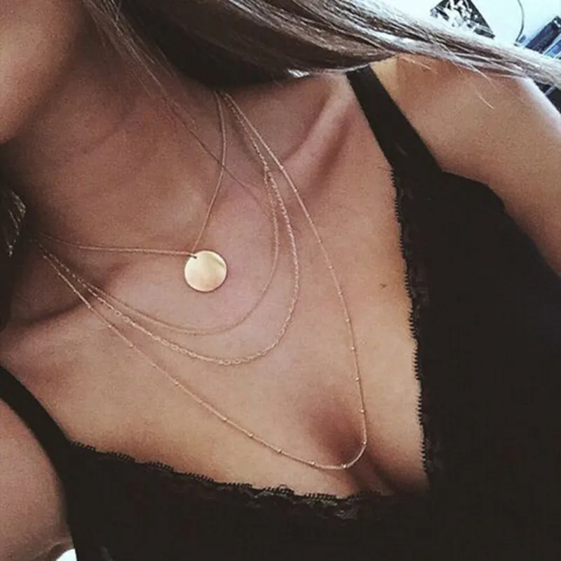 Round Metal Sequin Decorative Women Multilayer Necklace