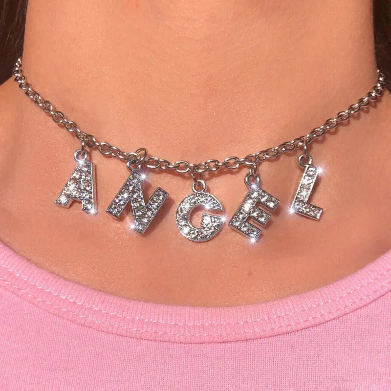English Letter Rhinestone Choker Necklace Women's Metal Snake Chain