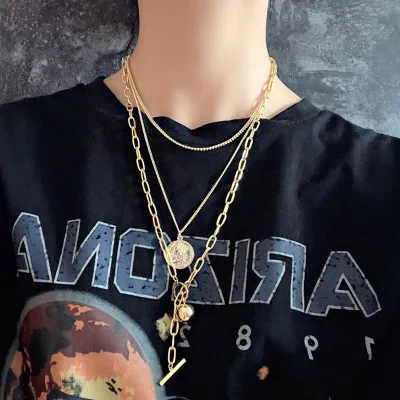 Metal Ball Dollar Coin Decor Three-layer Alloy Men Necklace