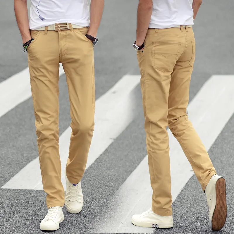 Men Solid Color Slim Fit Straight Pants Cotton Trousers
