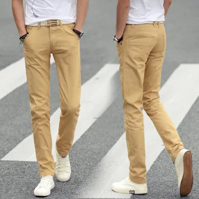 Men Solid Color Slim Fit Straight Pants Cotton Trousers