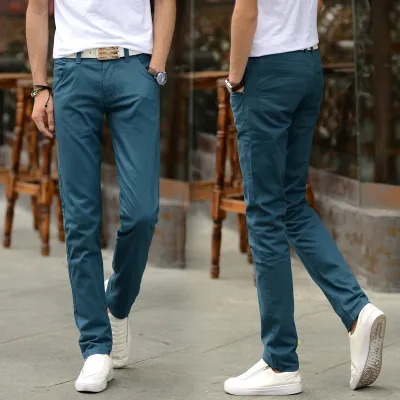 Men Solid Color Slim Fit Straight Pants Cotton Trousers
