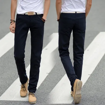 Men Solid Color Slim Fit Straight Pants Cotton Trousers
