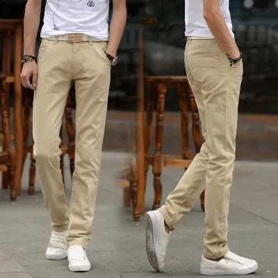 Men Solid Color Slim Fit Straight Pants Cotton Trousers