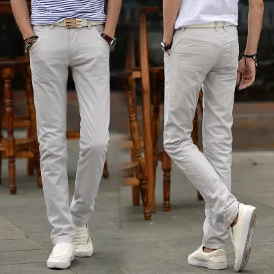 Men Solid Color Slim Fit Straight Pants Cotton Trousers