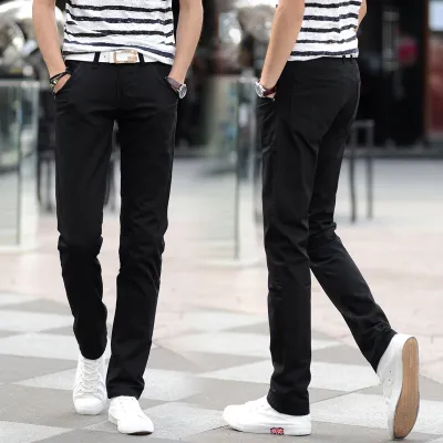 Men Solid Color Slim Fit Straight Pants Cotton Trousers