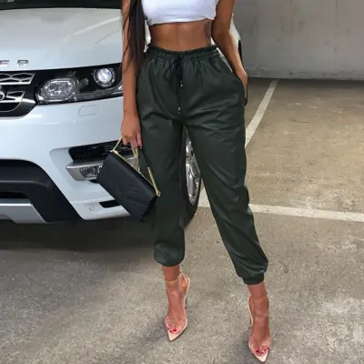 S-XL Women Fashion Drawstring Design Solid Color PU Leather Jogger Pants