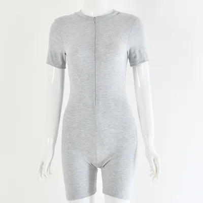 S-L Zipper Design Women Short Sleeve Skinny Rompers