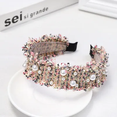 Women Raw Edge Pearl Decor Wide Headband