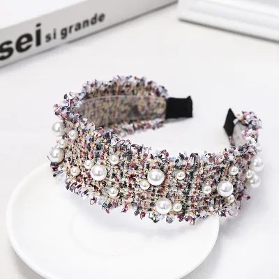 Women Raw Edge Pearl Decor Wide Headband