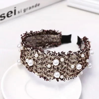 Women Raw Edge Pearl Decor Wide Headband