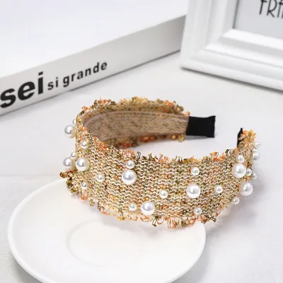 Women Raw Edge Pearl Decor Wide Headband
