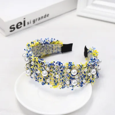 Women Raw Edge Pearl Decor Wide Headband