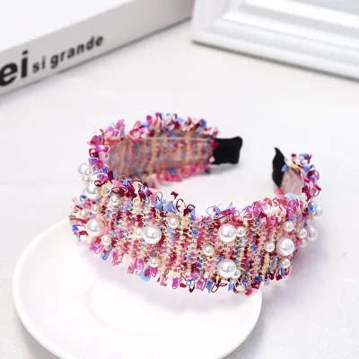 Women Raw Edge Pearl Decor Wide Headband