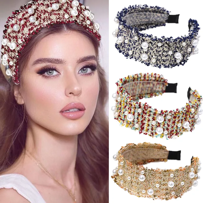 Women Raw Edge Pearl Decor Wide Headband