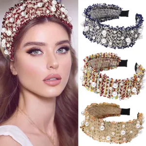 Women Raw Edge Pearl Decor Wide Headband