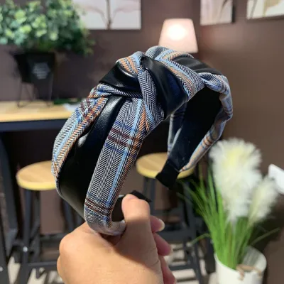 Retro PU Patchwork Plaid Print Cross Knotted Headband for Women