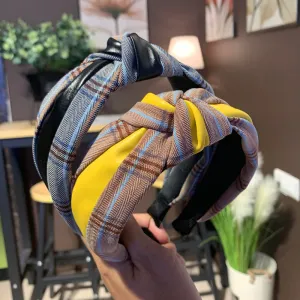 Retro PU Patchwork Plaid Print Cross Knotted Headband for Women