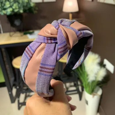 Retro PU Patchwork Plaid Print Cross Knotted Headband for Women