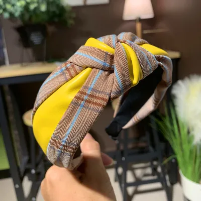 Retro PU Patchwork Plaid Print Cross Knotted Headband for Women