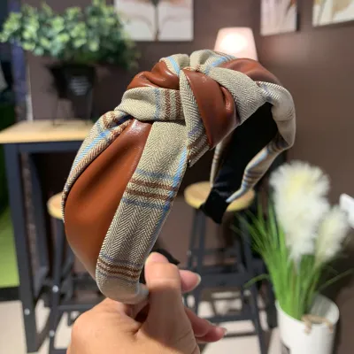 Retro PU Patchwork Plaid Print Cross Knotted Headband for Women