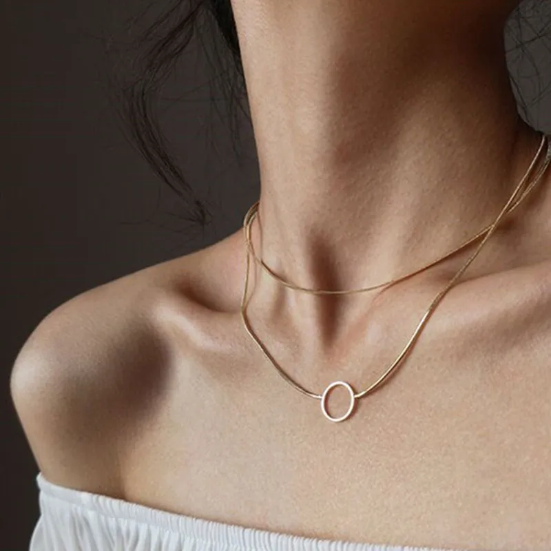 Simple Alloy Circle Decor Geometric Women Double-layer Snake Chain Choker Necklace