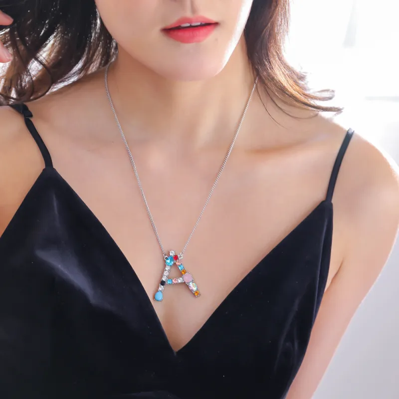 Geometric Zircon 26 English Letter Alphabet Pendant Necklace 25+5cm