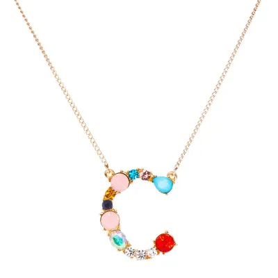 Geometric Zircon 26 English Letter Alphabet Pendant Necklace 25+5cm
