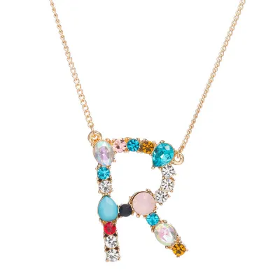 Geometric Zircon 26 English Letter Alphabet Pendant Necklace 25+5cm