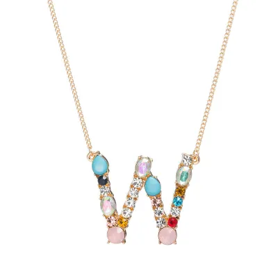 Geometric Zircon 26 English Letter Alphabet Pendant Necklace 25+5cm