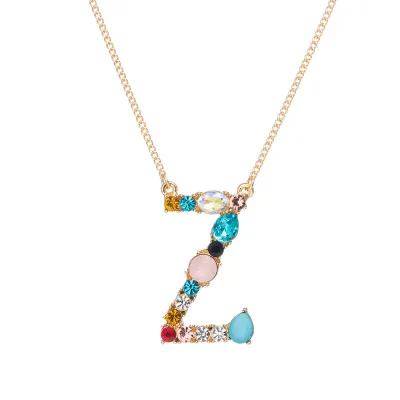 Geometric Zircon 26 English Letter Alphabet Pendant Necklace 25+5cm